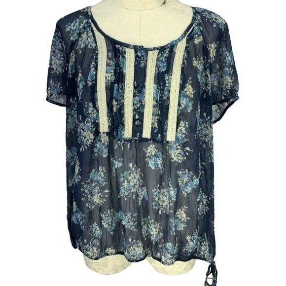 ANA A.N.A. A New Approach Woman's Blue Floral Sheer‎ Cap Sleeve Blouse Size 2X - Picture 1 of 7